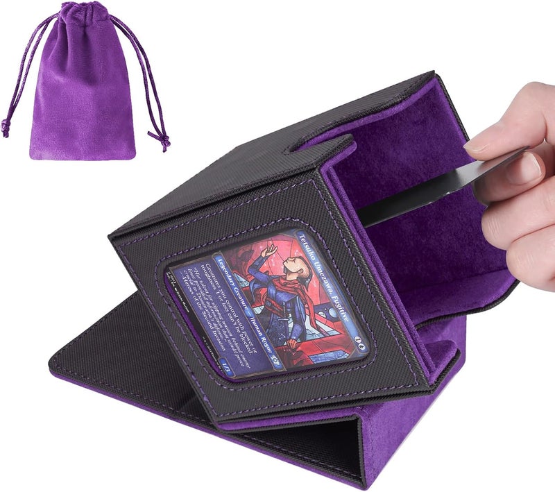 AFIING MTG Deck Box for Commander Display,Card Deck Box Fits 100 Double Sleeved Cards, Magic Commander TCG Card Storage Box with 2 Dividers,Drawstring Bag and 1 Toploader(Black/Purple) - Image 1